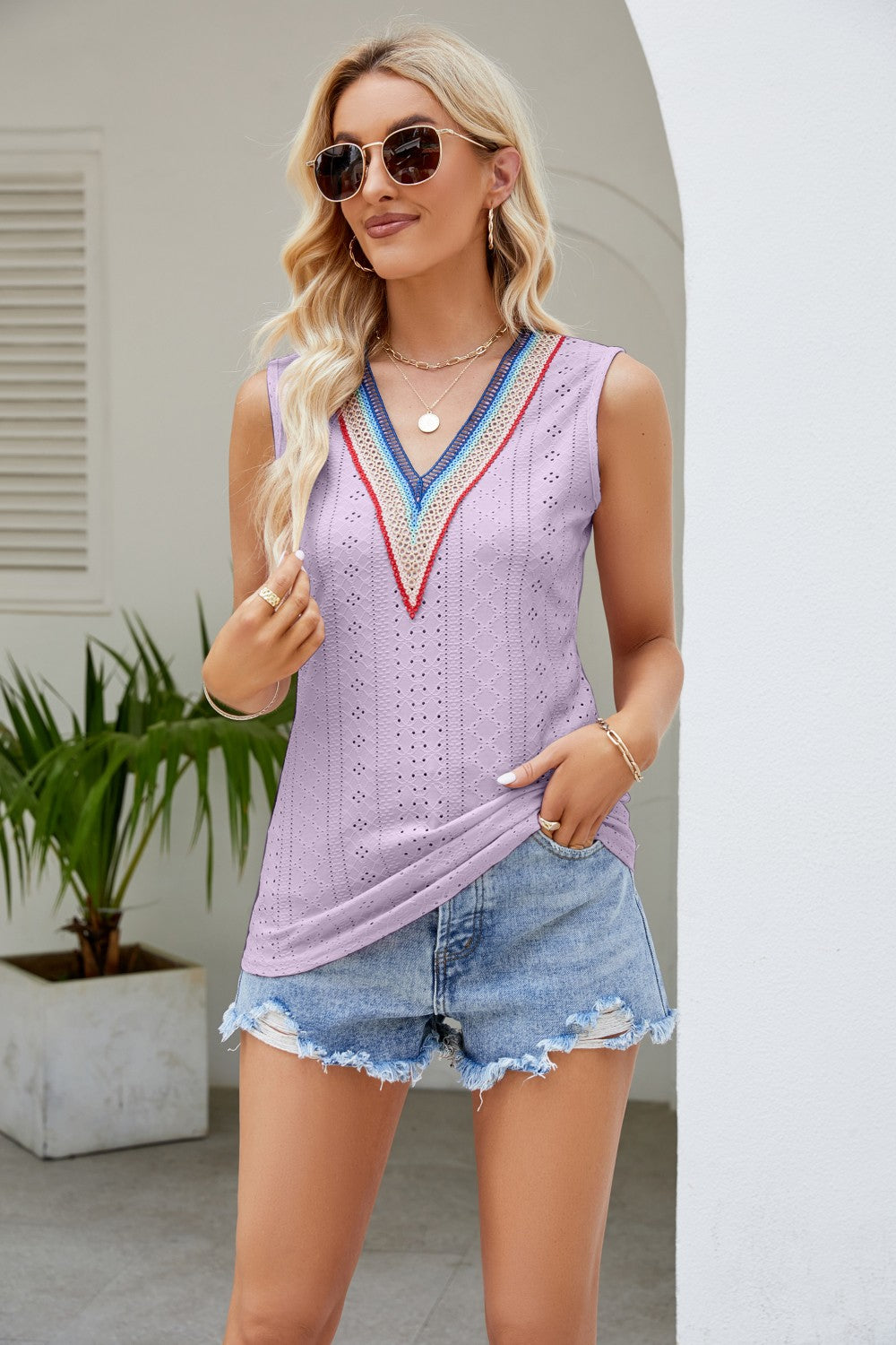 Contrast V-Neck Eyelet Tank-Teresa&#39;s Fashionista LLC