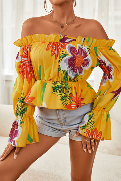 Floral Off-Shoulder Flounce Sleeve Peplum Blouse-Teresa&#39;s Fashionista LLC