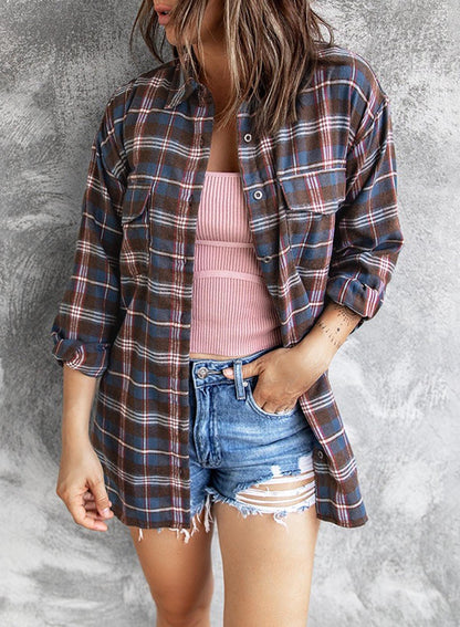 Plaid Slit High-Low Shirt with Pockets-Teresa&#39;s Fashionista LLC