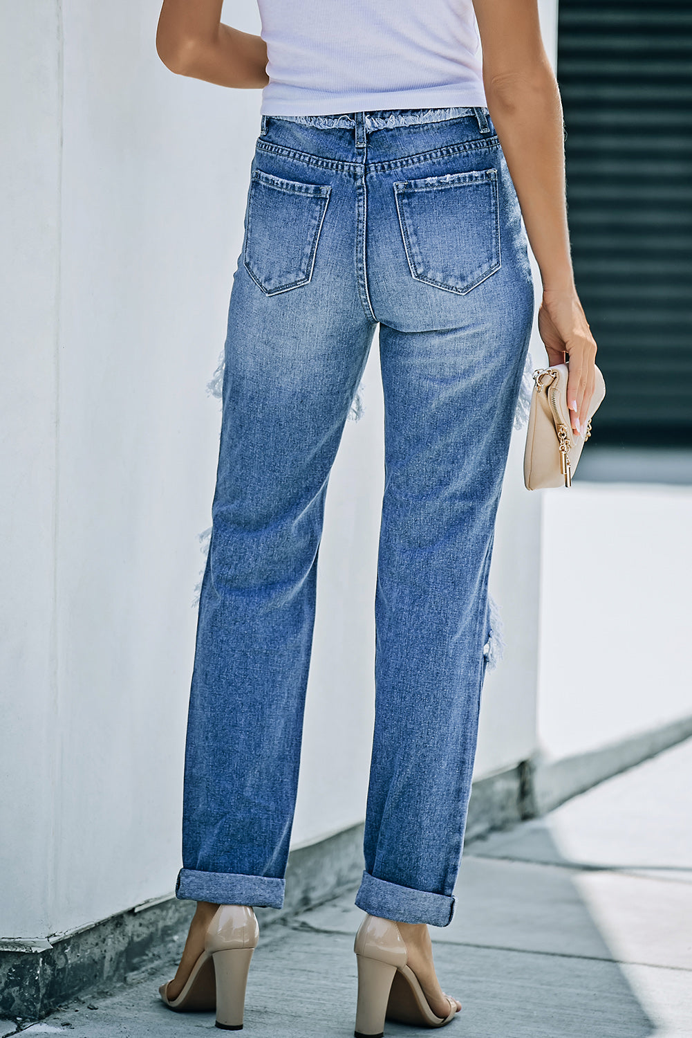 Distressed Frayed Trim Straight Leg Jeans-Teresa&#39;s Fashionista LLC