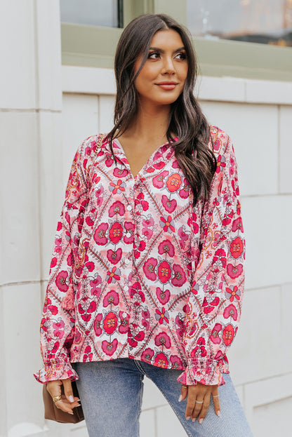 Floral Button-Up Flounce Sleeve Blouse-Teresa&#39;s Fashionista LLC