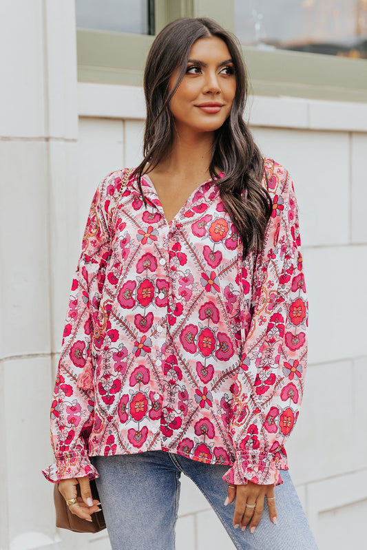 Floral Button-Up Flounce Sleeve Blouse-Teresa&#39;s Fashionista LLC