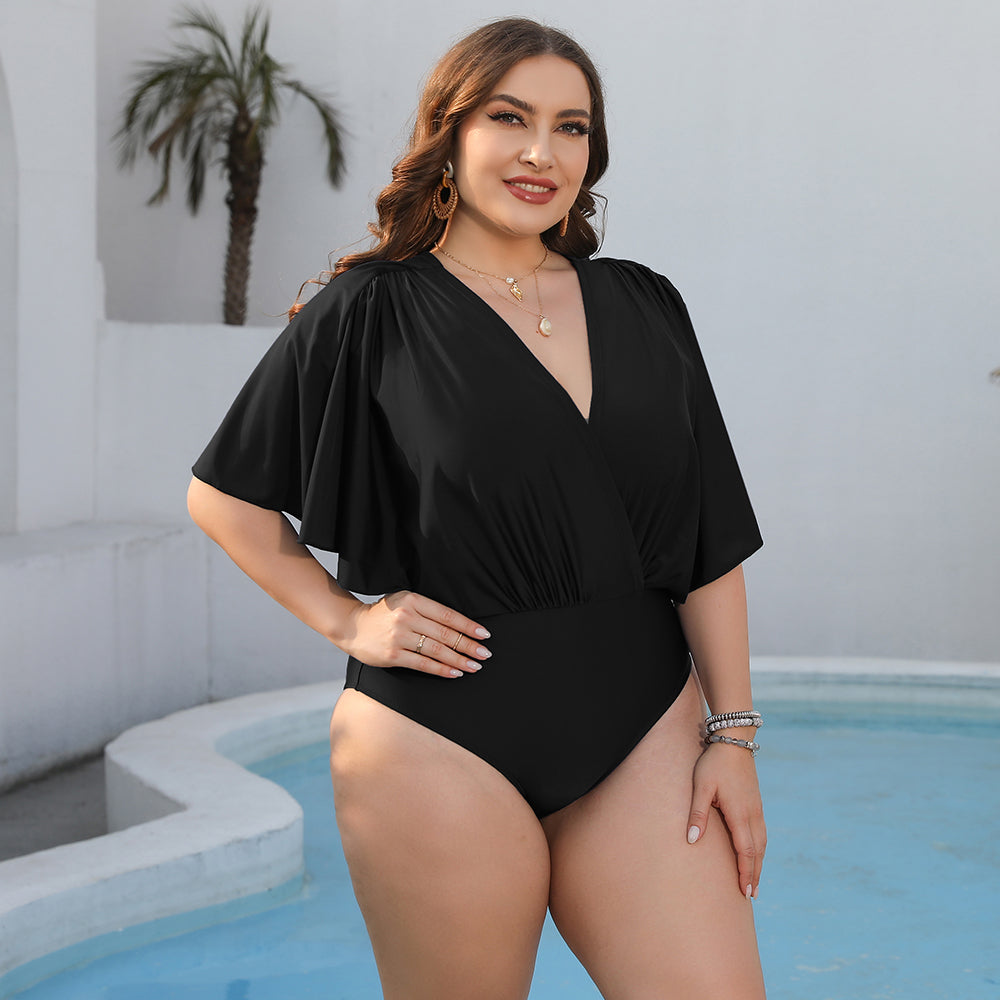 Plus Size Ruched Surplice Neck One-Piece Swimsuit-Teresa&#39;s Fashionista LLC