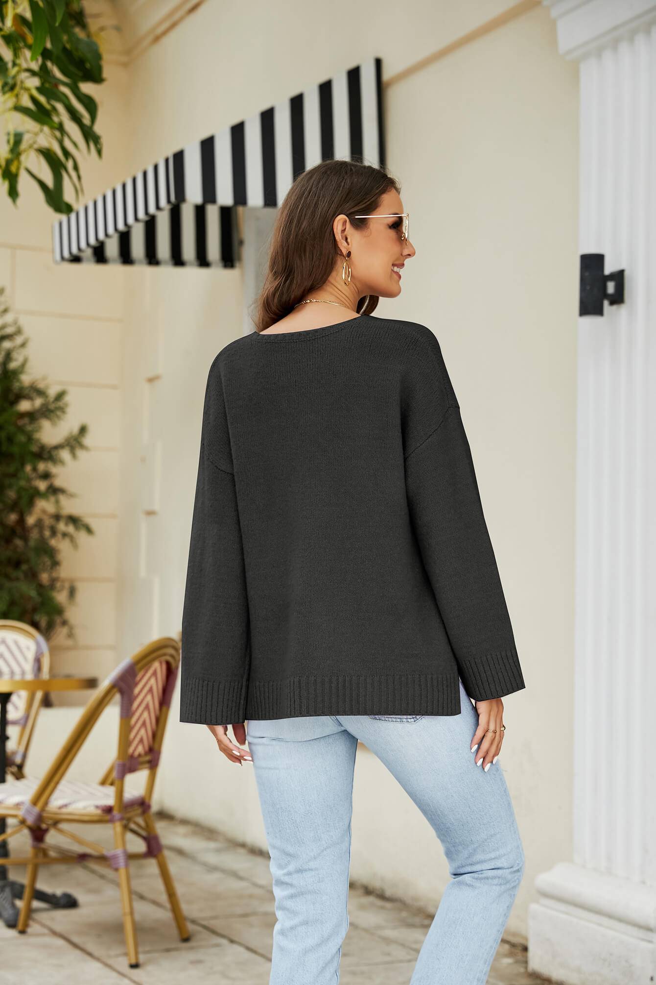 Drop Shoulder V-Neck Knit Pullover-Teresa&#39;s Fashionista LLC