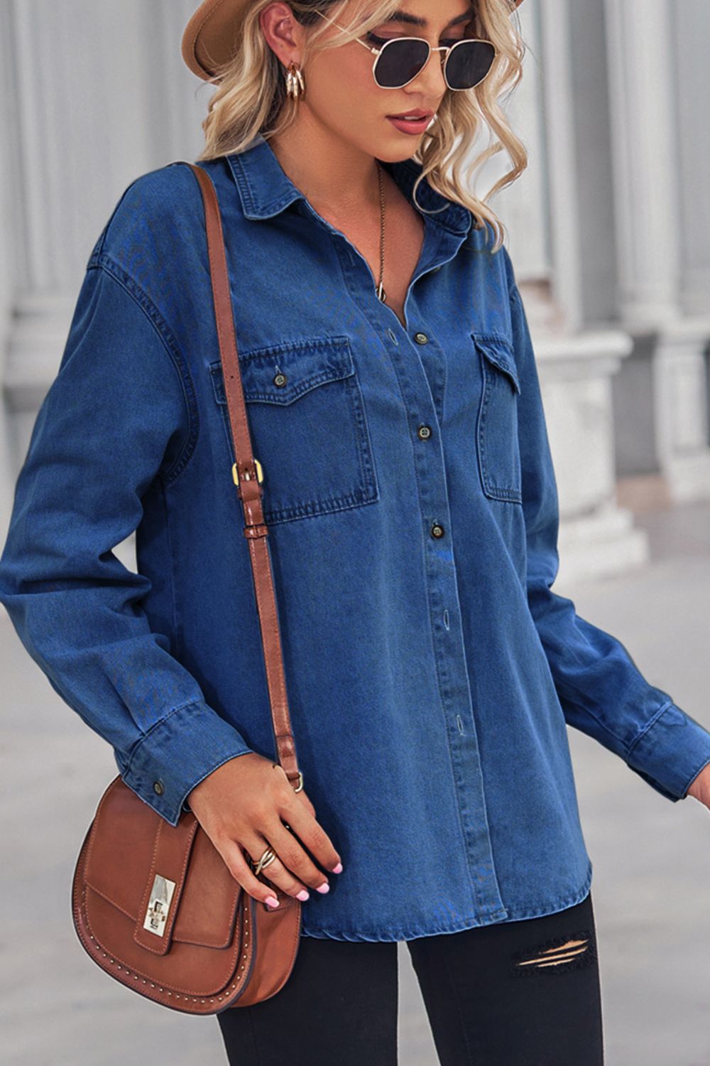 Collared Neck Dropped Shoulder Denim Top-Teresa&#39;s Fashionista LLC