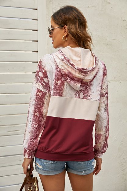 Snake Print Color Block Drawstring Detail Hoodie-Teresa&#39;s Fashionista LLC