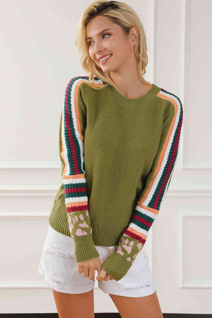 Striped Round Neck Long Sleeve Sweater-Teresa&#39;s Fashionista LLC