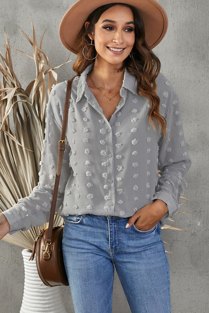 Swiss Dot Button-Up Long Sleeve Shirt-Teresa&#39;s Fashionista LLC