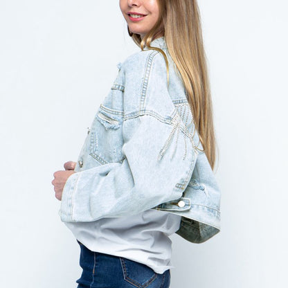 Cropped Collared Neck Dropped Shoulder Denim Jacket-Teresa&#39;s Fashionista LLC