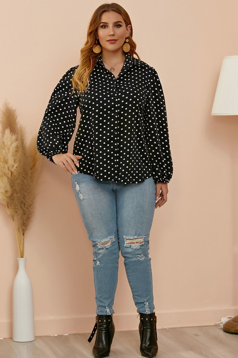 Plus Size Polka Dot Balloon Sleeve Shirt-Teresa&#39;s Fashionista LLC