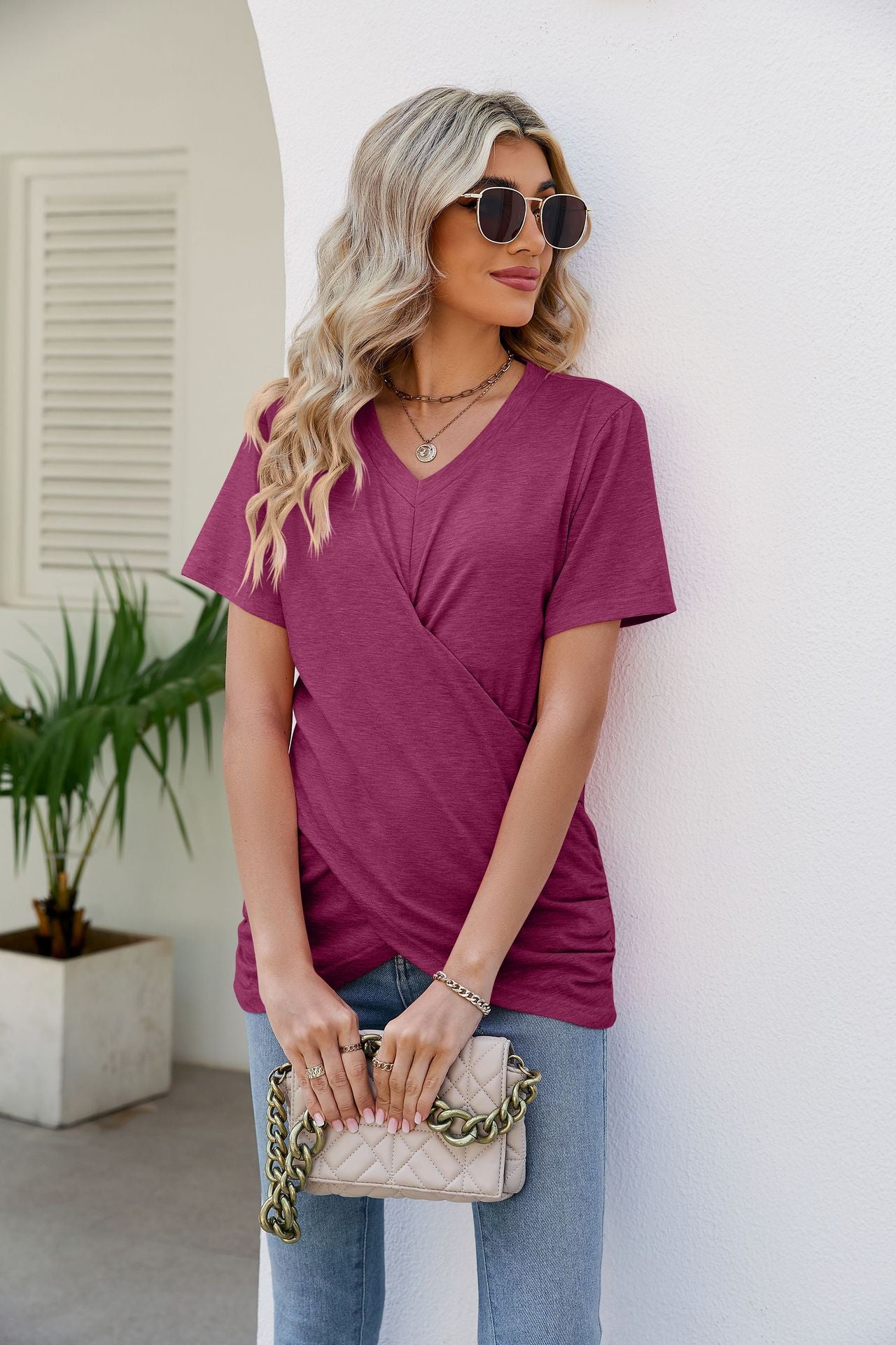 V-Neck Crisscross Short Sleeve Tee-Teresa&#39;s Fashionista LLC