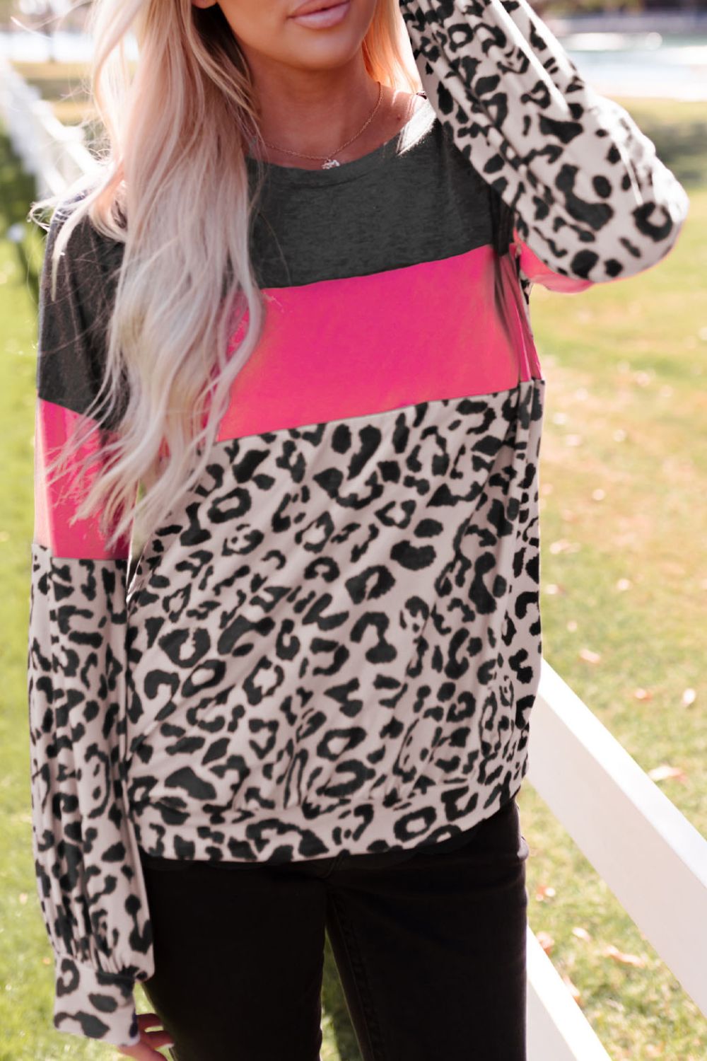 Leopard Print Color Block Long-Sleeve Top-Teresa&#39;s Fashionista LLC