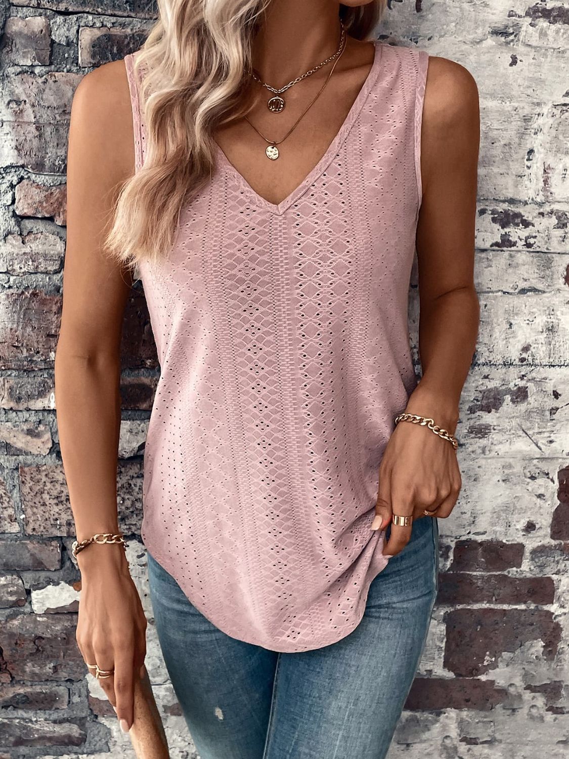 Eyelet V-Neck Curved Hem Tank-Teresa&#39;s Fashionista LLC