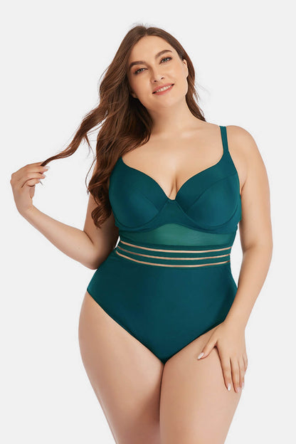 Plus Size Spliced Mesh Tie-Back One-Piece Swimsuit-Teresa&#39;s Fashionista LLC