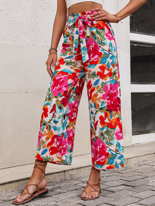 Floral Tie Belt Wide Leg Pants-Teresa&#39;s Fashionista LLC