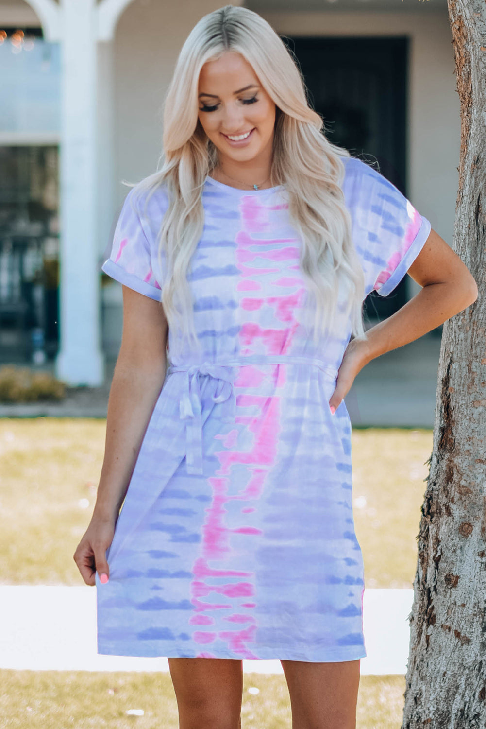 Women Tie-Dye Belted T-Shirt Dress-Teresa&#39;s Fashionista LLC