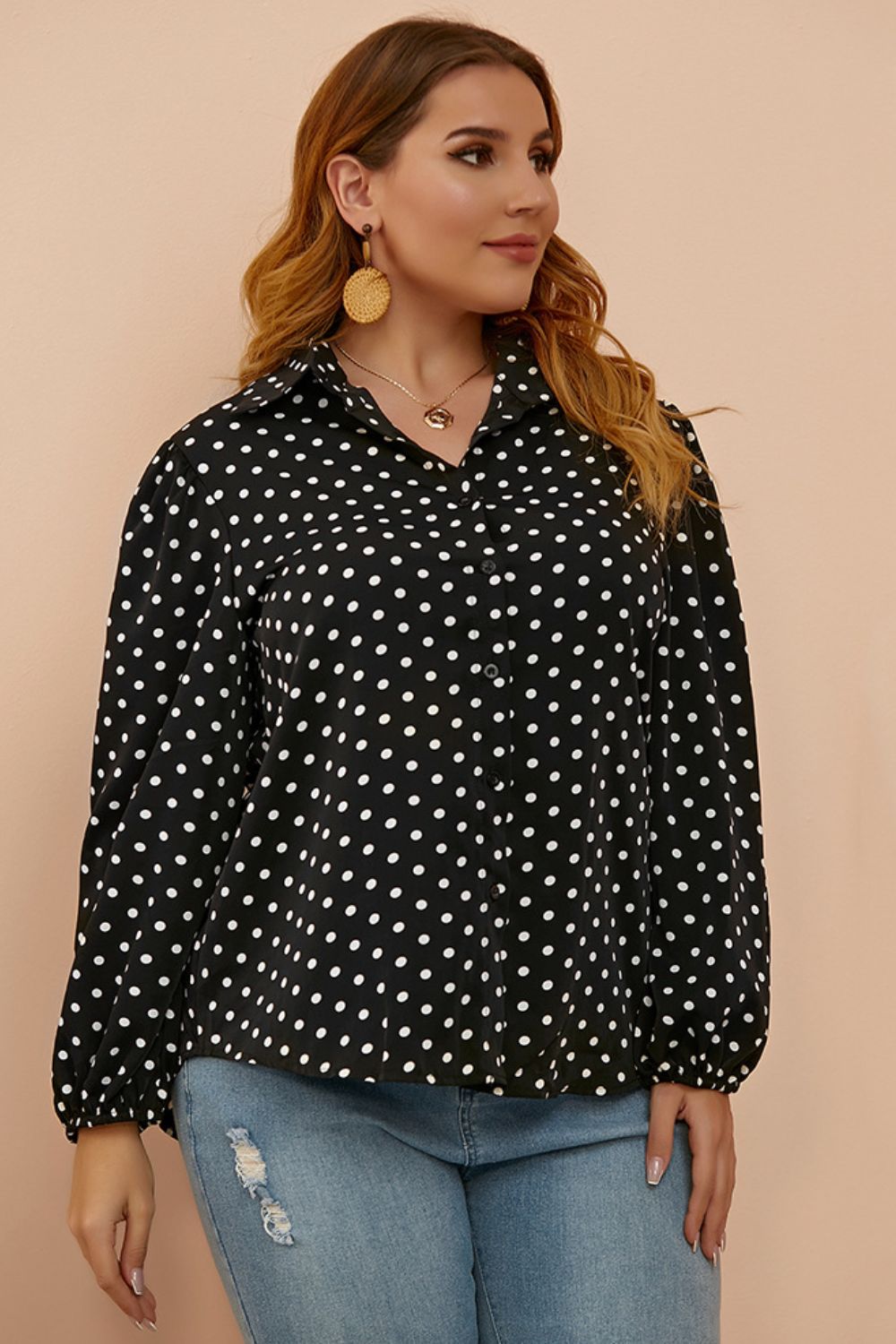 Plus Size Polka Dot Balloon Sleeve Shirt-Teresa&#39;s Fashionista LLC