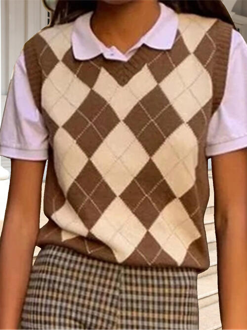 Geometric V-Neck Sweater Vest-Teresa&#39;s Fashionista LLC