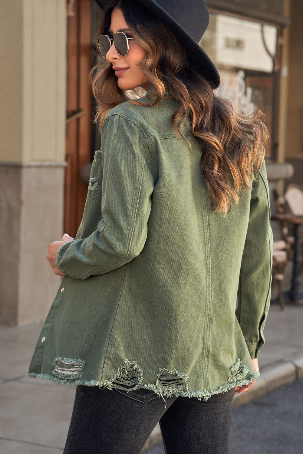 Distressed Snap Down Denim Jacket-Teresa&#39;s Fashionista LLC