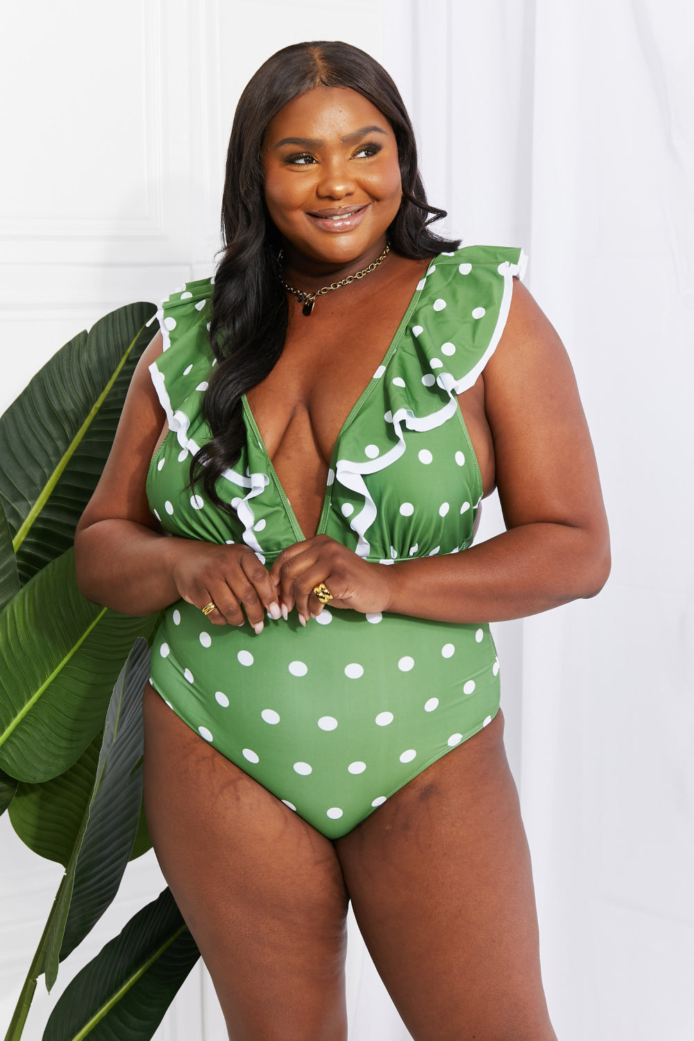 Marina West Swim Moonlit Dip Ruffle Plunge Swimsuit in Mid Green-Teresa&#39;s Fashionista LLC