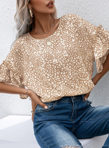 Leopard Round Neck Frill Trim Blouse-Teresa&#39;s Fashionista LLC