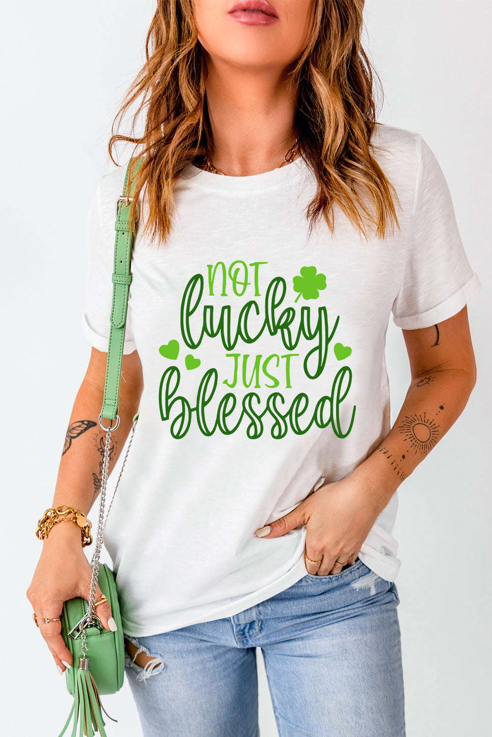 NOT LUCKY JUST BLESSED Round Neck T-Shirt-Teresa&#39;s Fashionista LLC