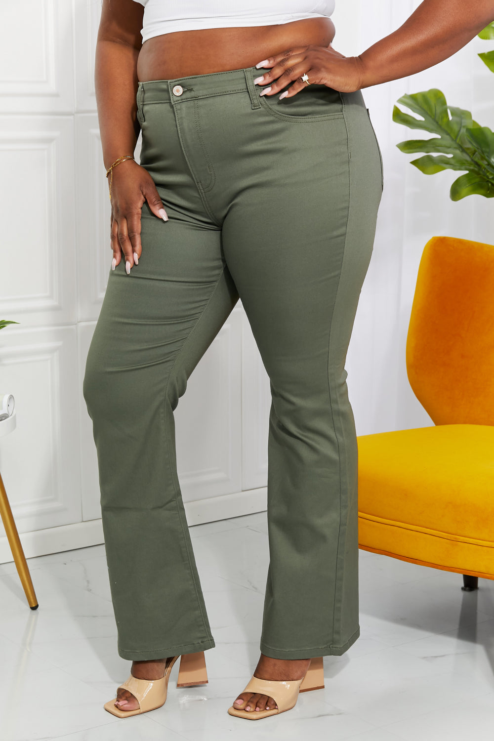 Zenana Clementine Full Size High-Rise Bootcut Jeans in Olive-Teresa&#39;s Fashionista LLC