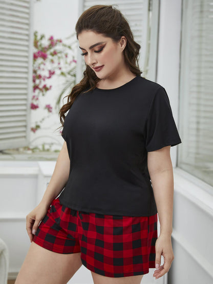 Plus Size Round Neck Tee Shirt and Plaid Shorts Lounge Set-Teresa&#39;s Fashionista LLC