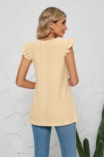 Smocked Round Neck Eyelet Top-Teresa&#39;s Fashionista LLC