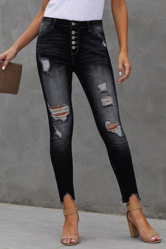 Button Fly Hem Detail Ankle-Length Skinny Jeans-Teresa&#39;s Fashionista LLC