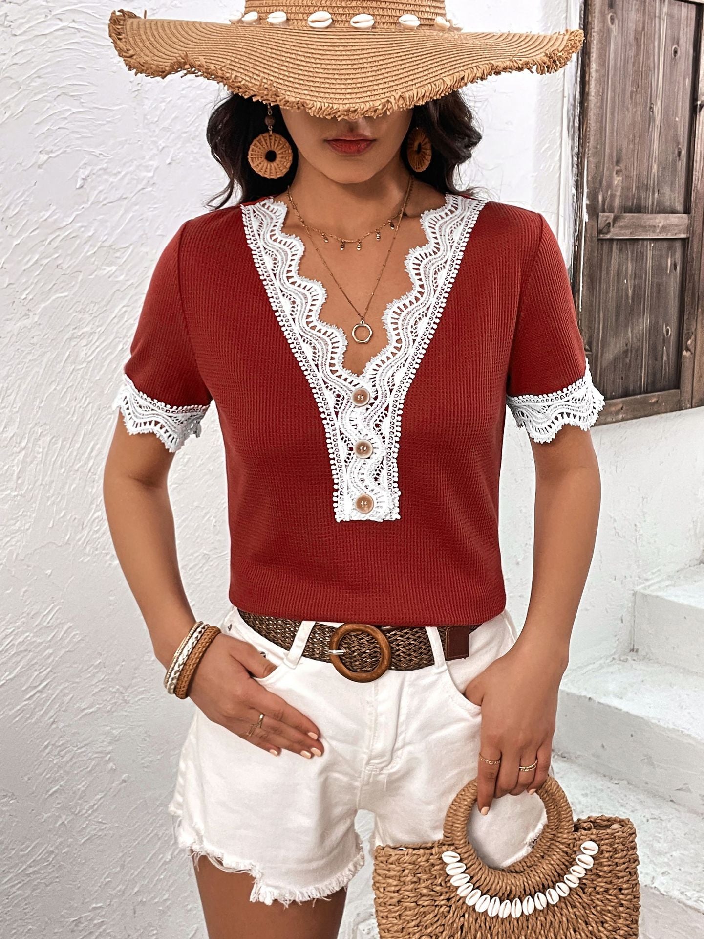 Decorative Button Spliced Lace Short Sleeve Top-Teresa&#39;s Fashionista LLC