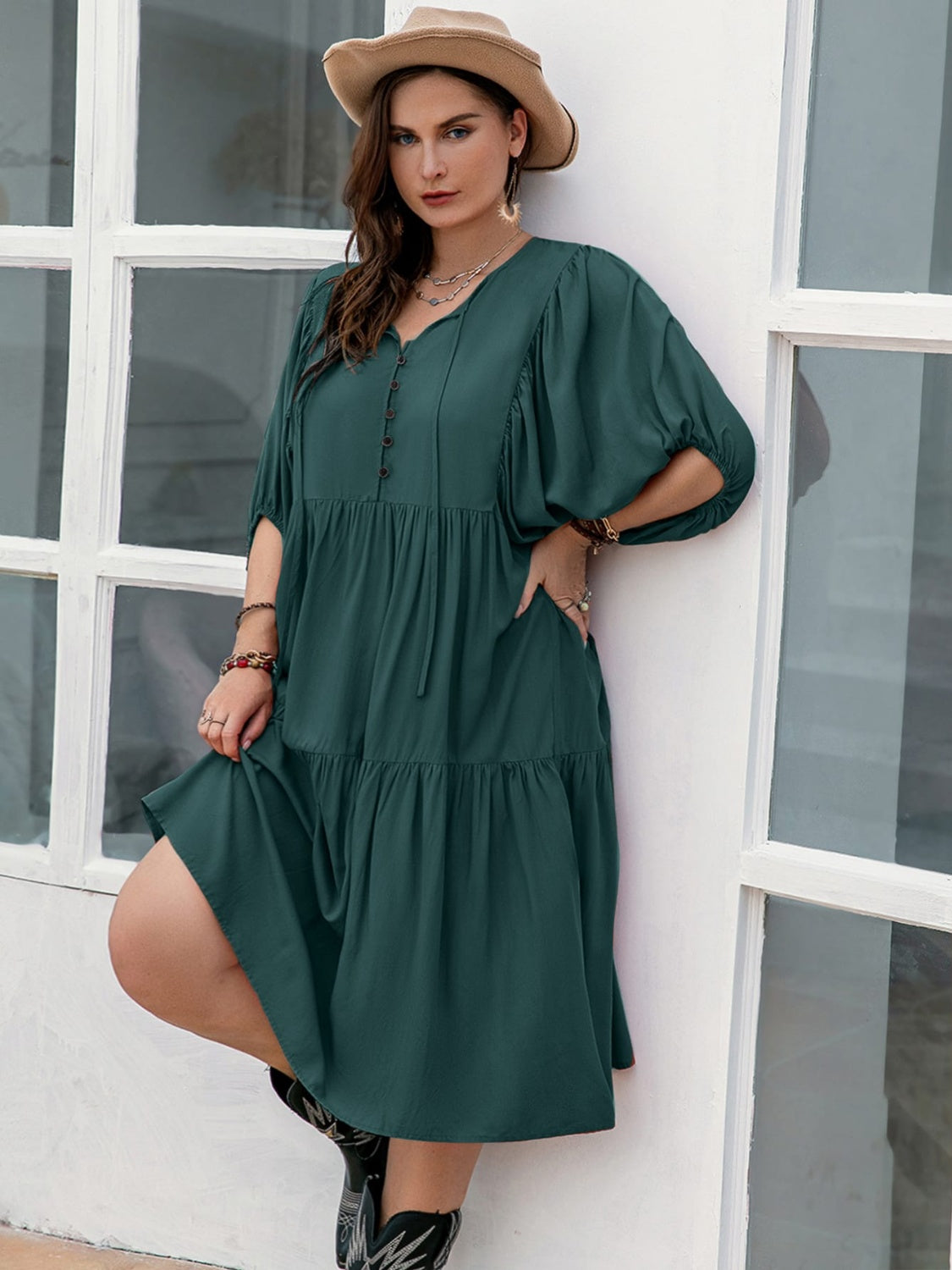 Plus Size Tie Neck Balloon Sleeve Midi Dress-Teresa&#39;s Fashionista LLC