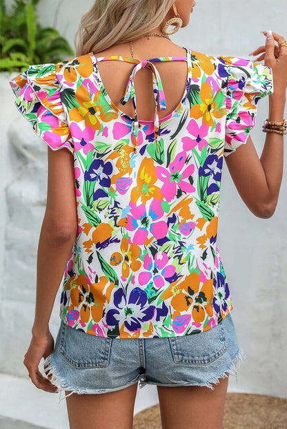 Floral Tie Back Flutter Sleeve Blouse-Teresa&#39;s Fashionista LLC