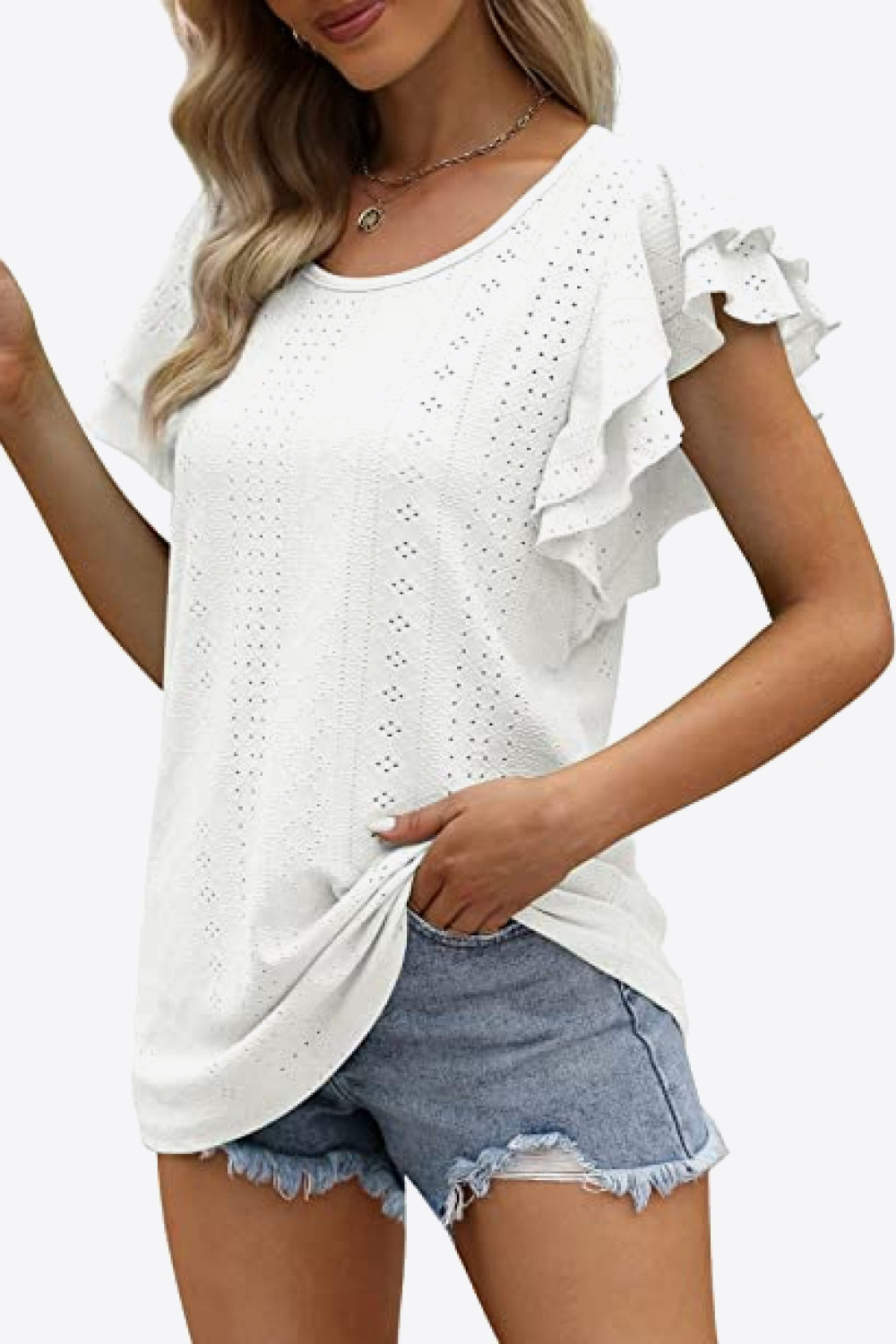 Round Neck Layered Flutter Sleeve Blouse-Teresa&#39;s Fashionista LLC