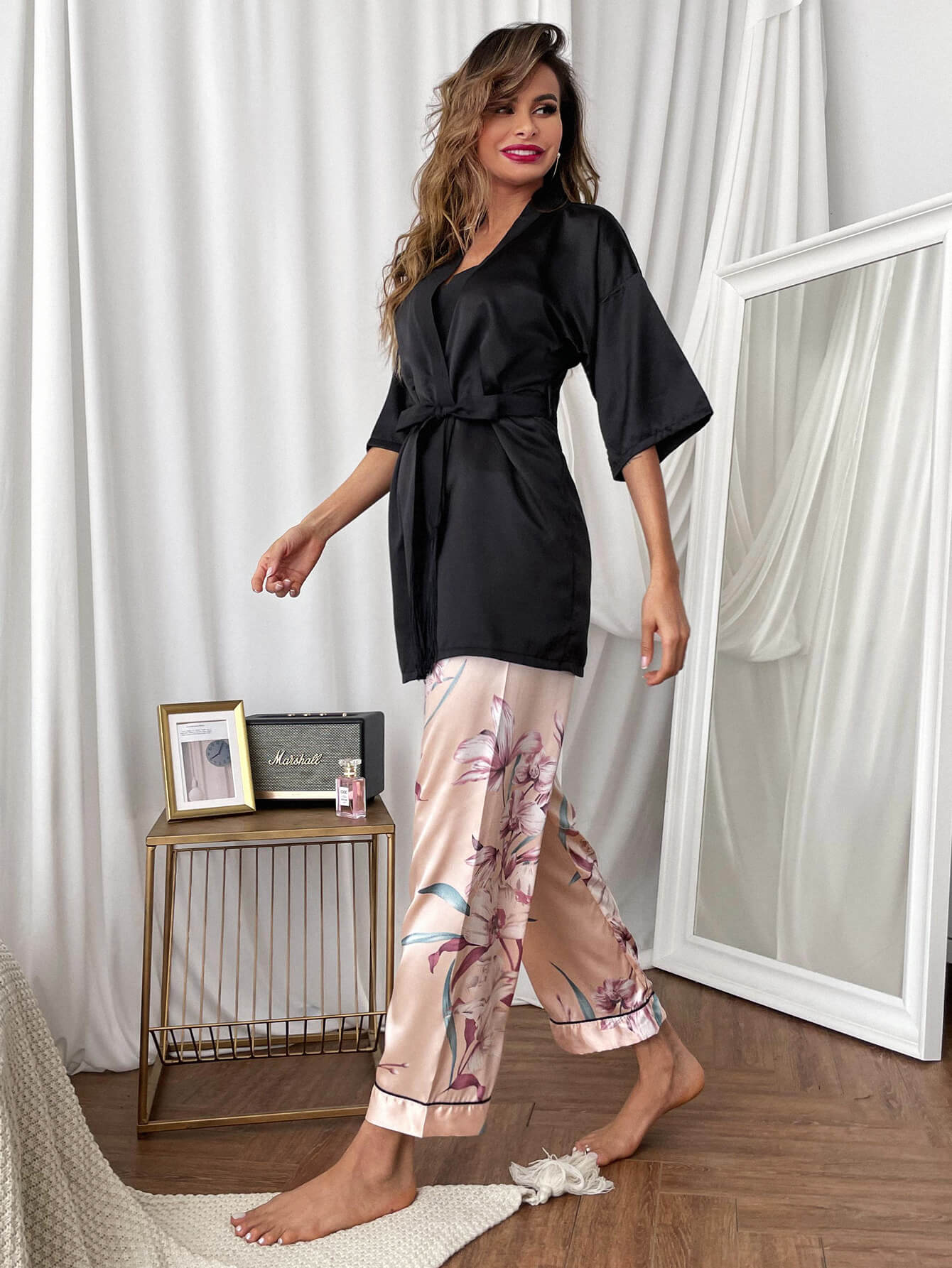 Cami, Robe, and Printed Pants Pajama Set-Teresa&#39;s Fashionista LLC