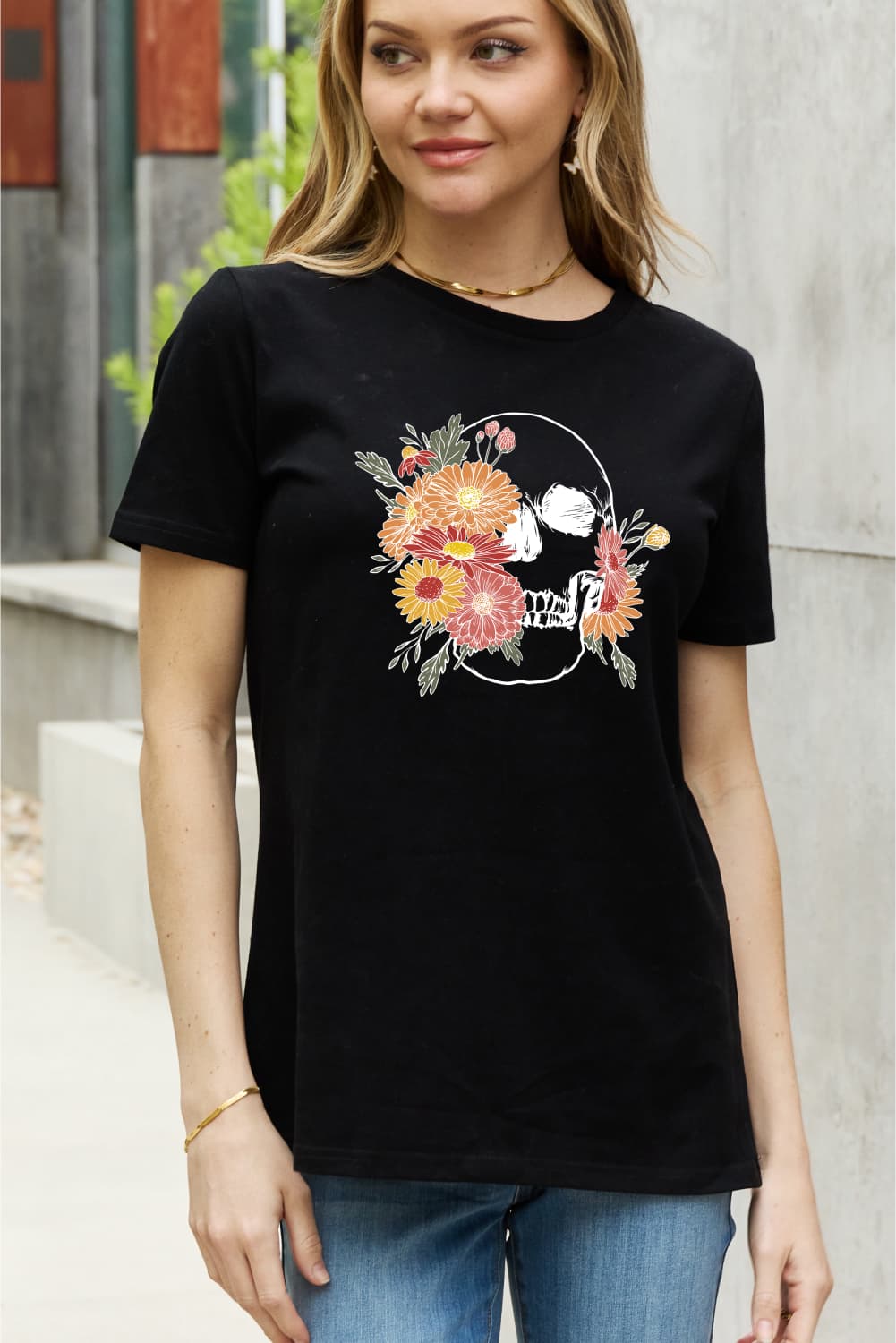 Simply Love Full Size Flower Skull Graphic Cotton Tee-Teresa&#39;s Fashionista LLC