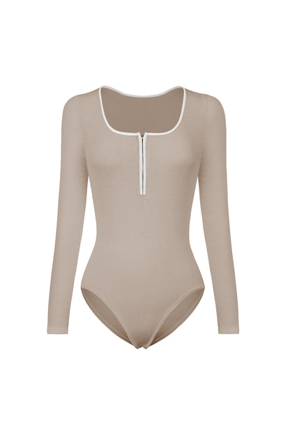 Contrast Trim Ribbed Long Sleeve Bodysuit-Teresa&#39;s Fashionista LLC