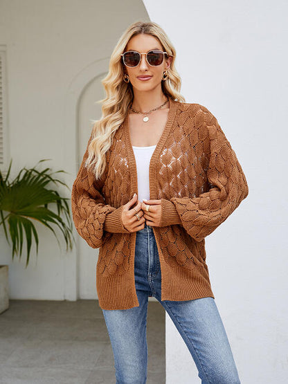 Openwork Open Front Lantern Sleeve Cardigan-Teresa&#39;s Fashionista LLC