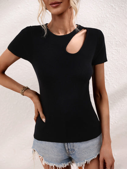 Cutout Round Neck Short Sleeve Knit Top-Teresa&#39;s Fashionista LLC