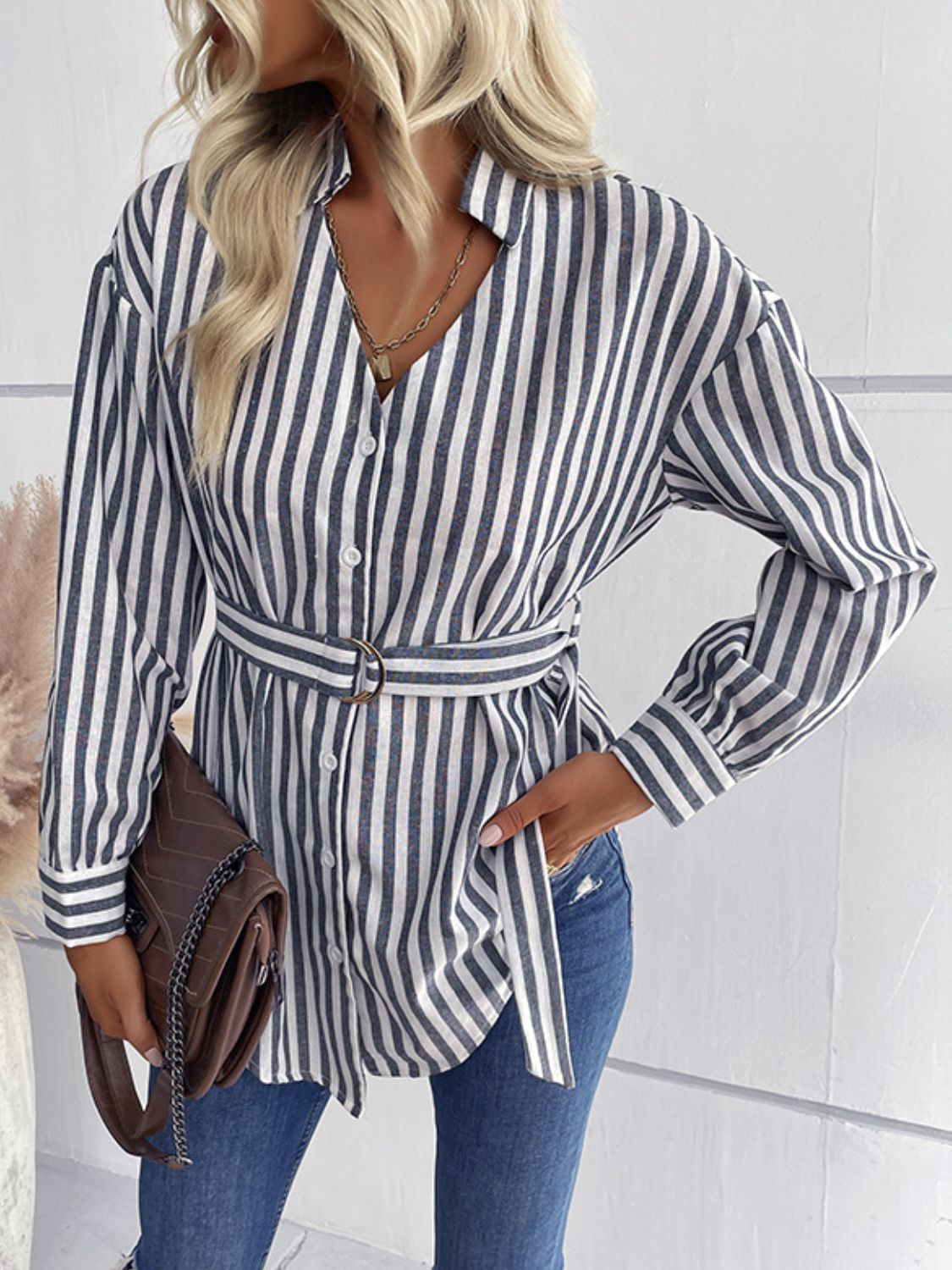 Striped Curved Hem Belted Shirt-Teresa&#39;s Fashionista LLC