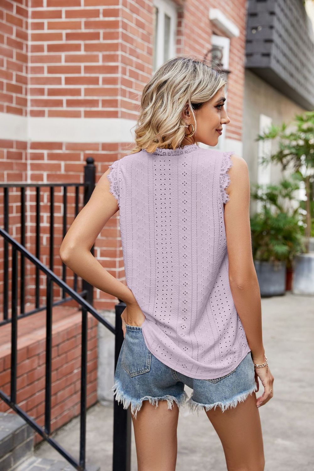 Eyelet Lace Trim Eyelash V-Neck Tank-Teresa&#39;s Fashionista LLC