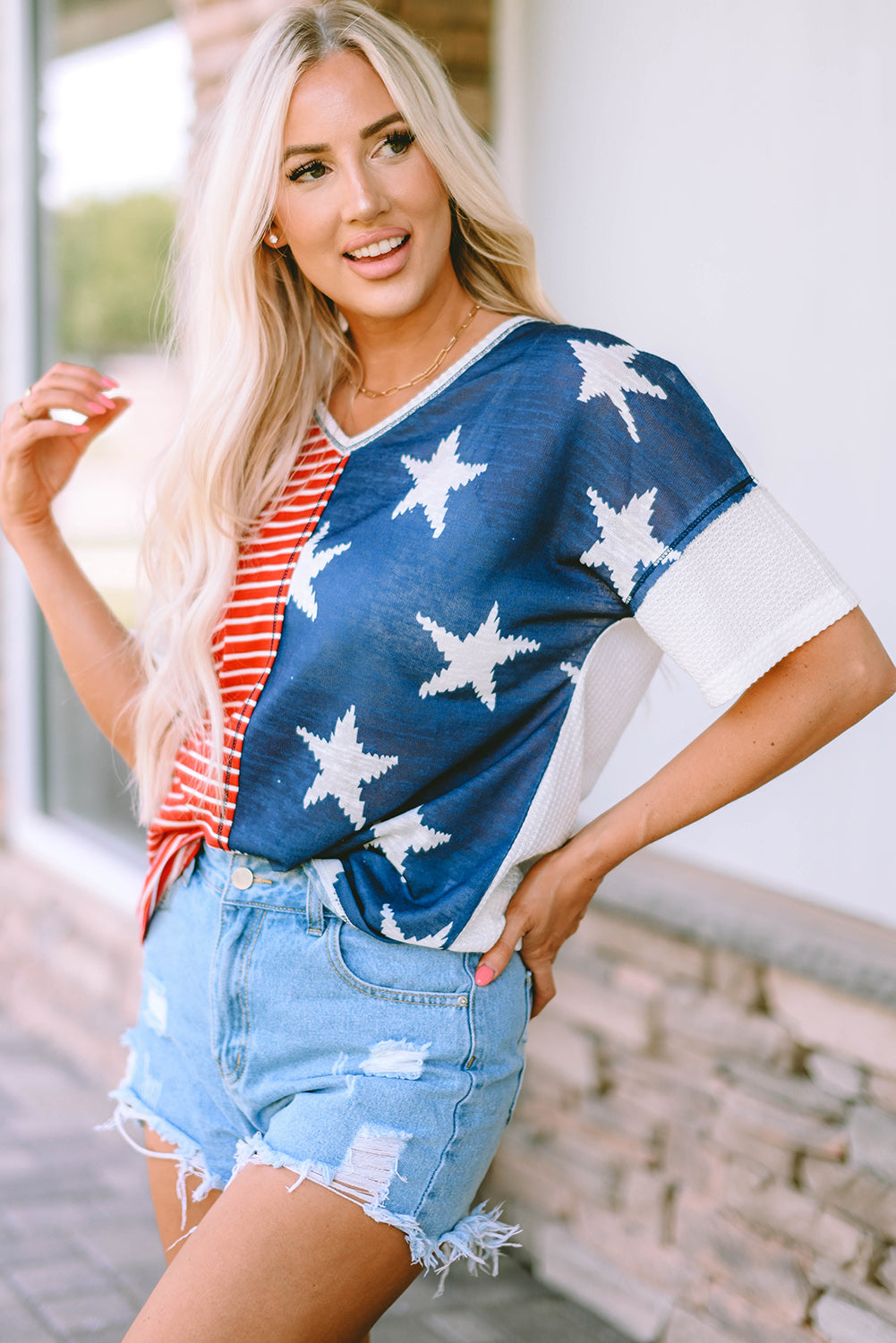 Star and Stripe V-Neck Top-Teresa&#39;s Fashionista LLC