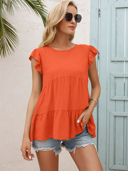 Round Neck Flutter Sleeve Tiered Blouse-Teresa&#39;s Fashionista LLC