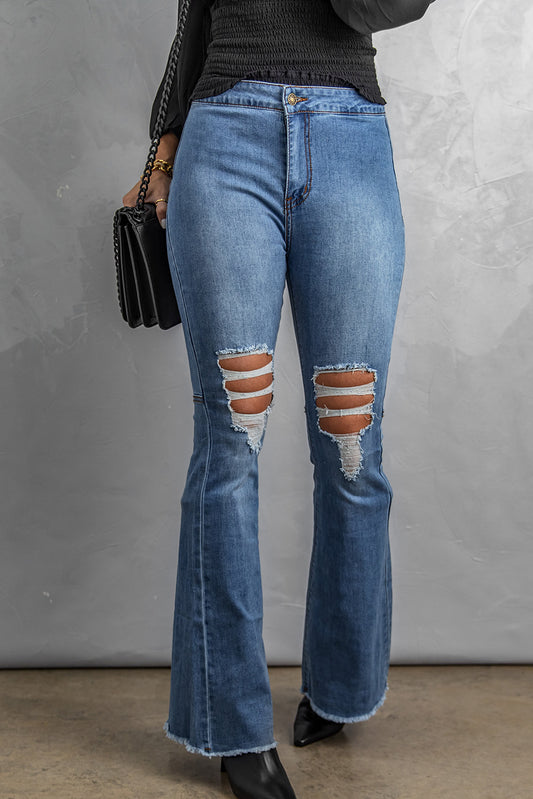 Distressed Raw Hem High-Waist Flare Jeans-Teresa&#39;s Fashionista LLC