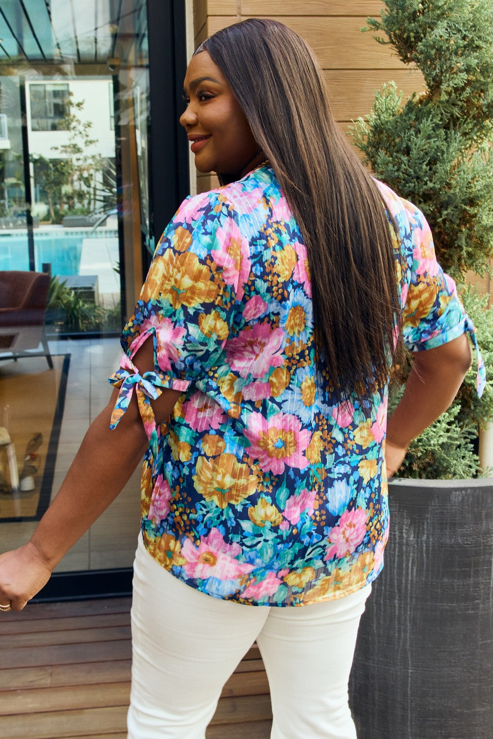 Petal Dew Full Size Floral V-Neck Tie Detail Blouse-Teresa&#39;s Fashionista LLC