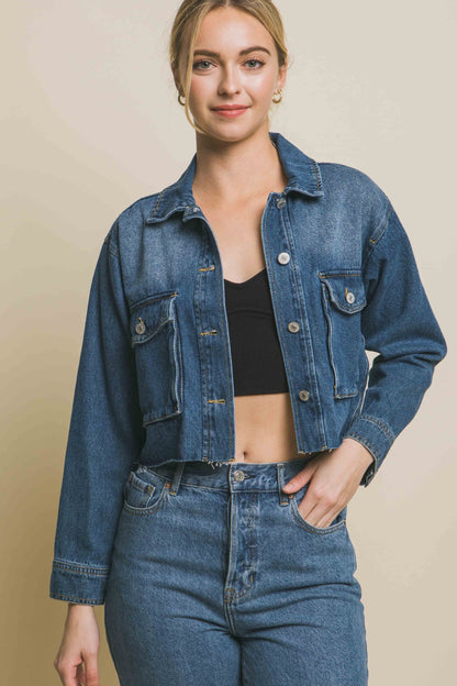 LOVE TREE Raw Hem Button Up Cropped Denim Jacket-Teresa&#39;s Fashionista LLC