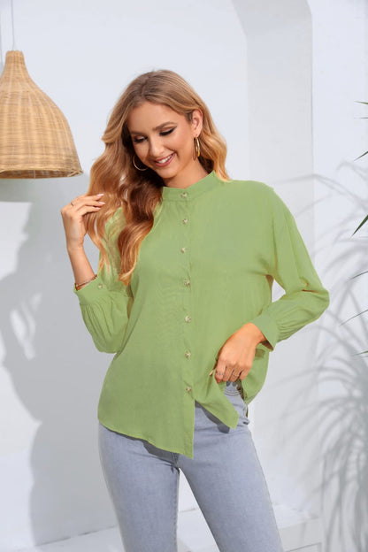 Mock Neck Buttoned Long Sleeve Shirt-Teresa&#39;s Fashionista LLC