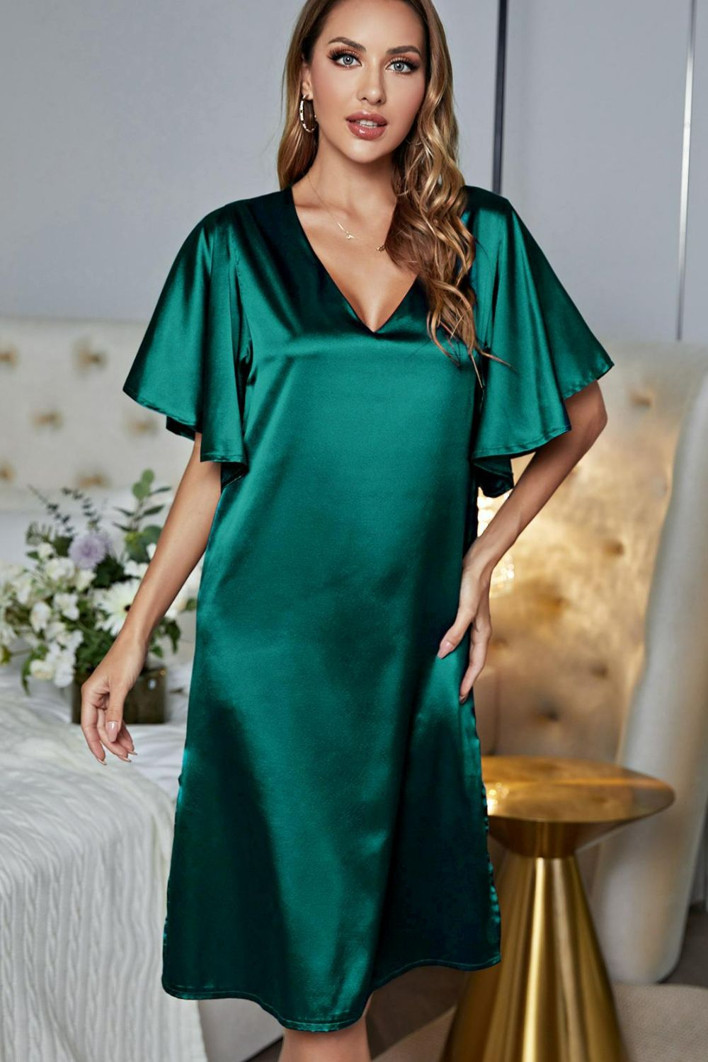 Satin Flutter Sleeve Side Slit V-Neck Night Dress-Teresa&#39;s Fashionista LLC