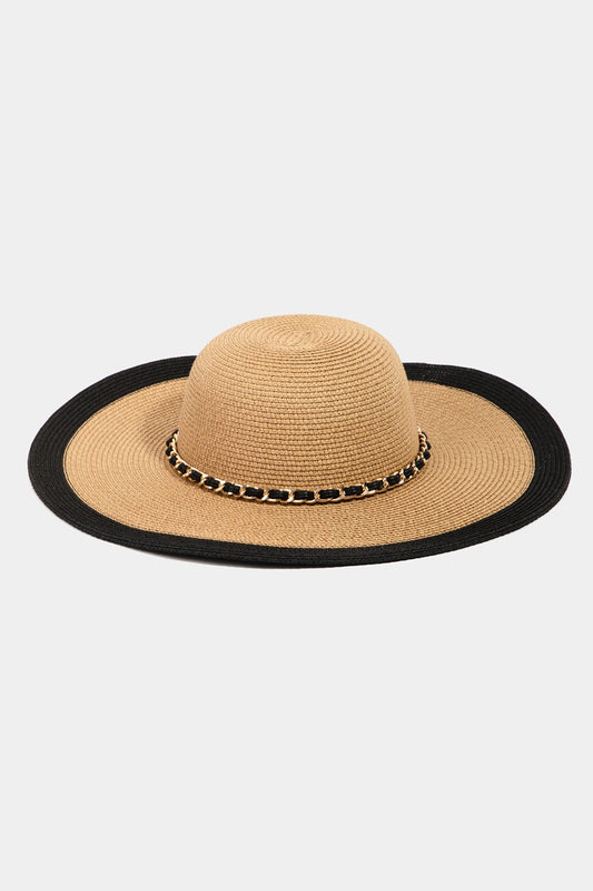 Fame Chain Black Trim Straw Hat-Teresa&#39;s Fashionista LLC