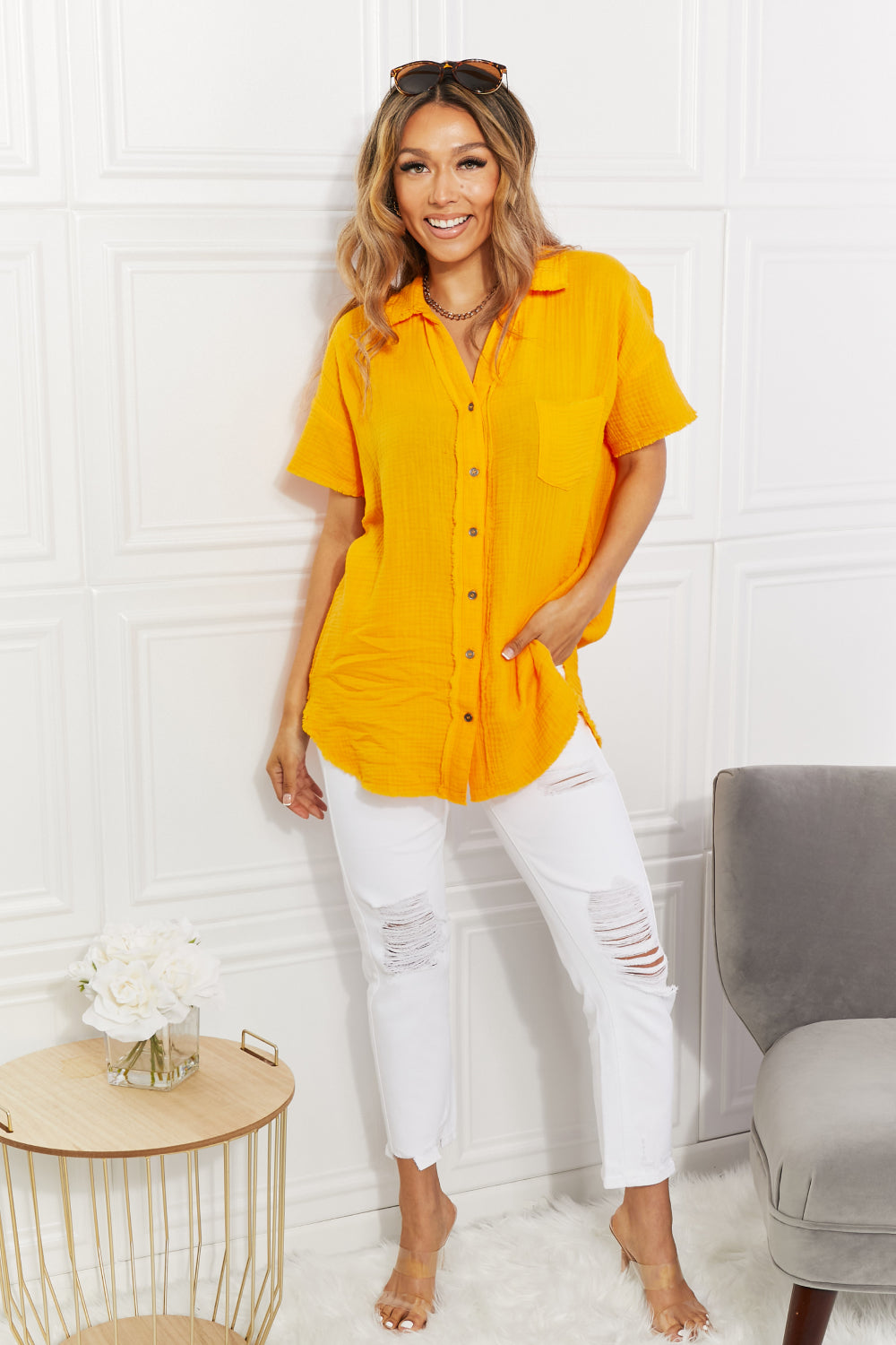 Zenana Full Size Summer Breeze Gauze Short Sleeve Shirt in Mustard-Teresa&#39;s Fashionista LLC